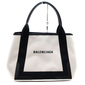 Balenciaga Navy Blue Cabas Handbag Canvas Leather Black White